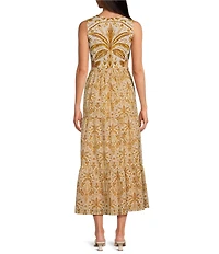 Sugarlips Calina Tropical Printed Jivie Crew Neck Sleeveless Tiered A-Line Cutout Linen Maxi Dress