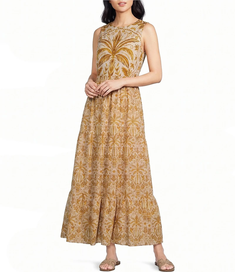 Sugarlips Calina Tropical Printed Jivie Crew Neck Sleeveless Tiered A-Line Cutout Linen Maxi Dress