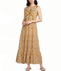 Sugarlips Calina Tropical Printed Jivie Crew Neck Sleeveless Tiered A-Line Cutout Linen Maxi Dress