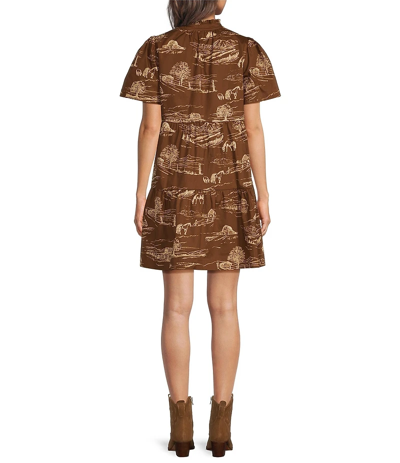 Sugarlips Candace Western Printed V-Neck Short Sleeve Tiered Poplin Mini Dress