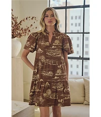 Sugarlips Candace Western Printed V-Neck Short Sleeve Tiered Poplin Mini Dress