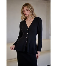 Sugarlips Carthay Mile Ribbed Knit V-Neck Long Sleeve Button Front Peplum Cardigan