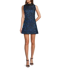 Sugarlips Centralia Shimmer Jacquard Floral Elma Sleeveless Mock Neck Mini Dress