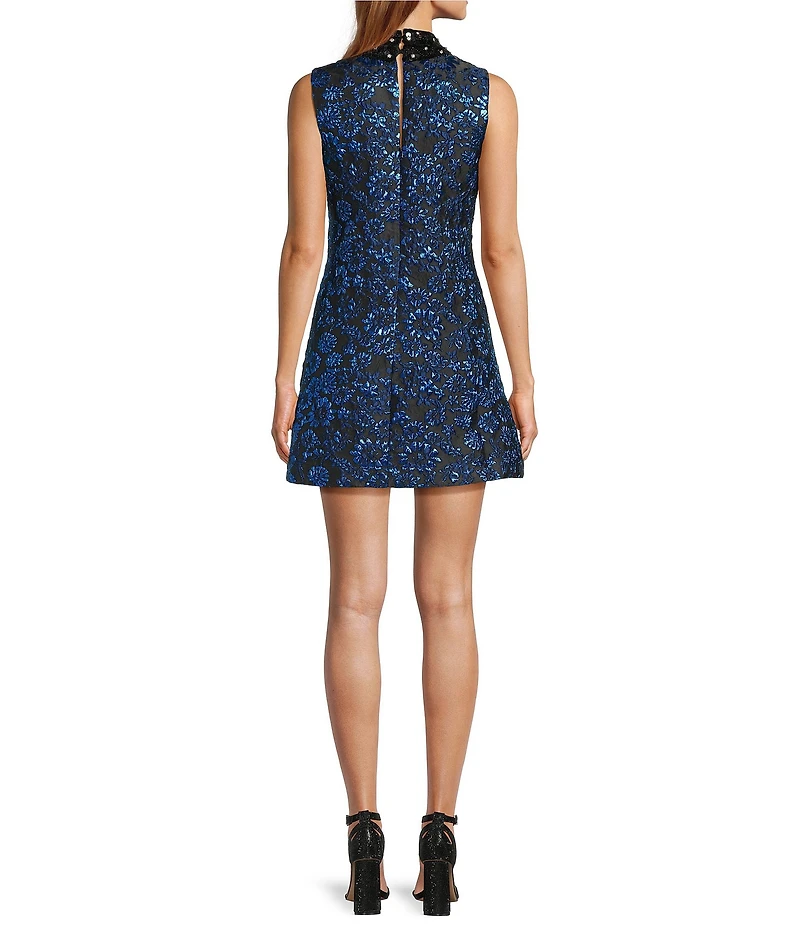 Sugarlips Centralia Shimmer Jacquard Floral Elma Sleeveless Mock Neck Mini Dress