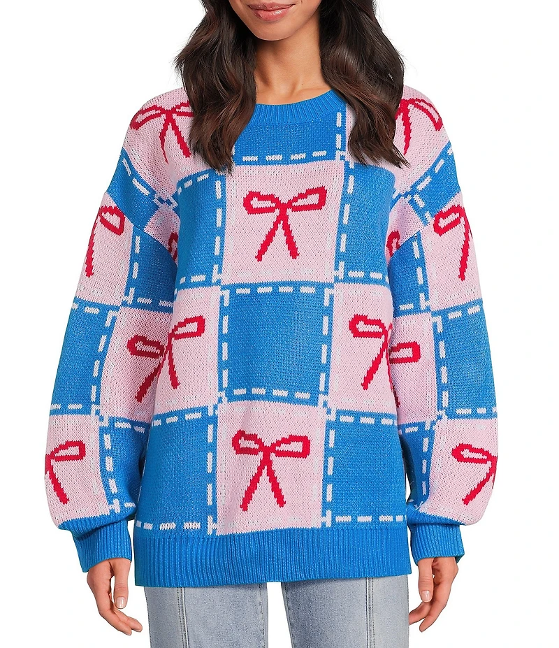 Sugarlips Checker Bow Crew Neck Long Sleeve Knit Sweater