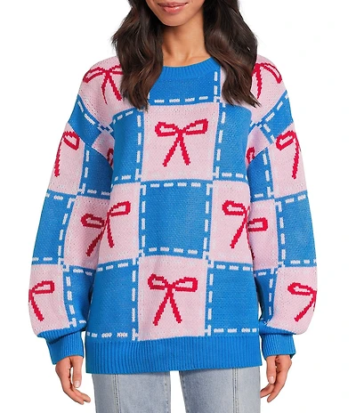 Sugarlips Checker Bow Crew Neck Long Sleeve Knit Sweater