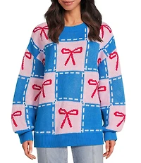 Sugarlips Checker Bow Crew Neck Long Sleeve Knit Sweater