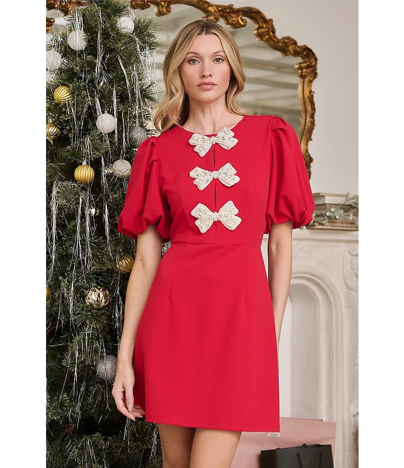 Sugarlips Cherry Belle Crew Neck Short Sleeve Cut Out Pearl Bow Crepe Mini Dress