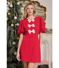 Sugarlips Cherry Belle Crew Neck Short Sleeve Cut Out Pearl Bow Crepe Mini Dress