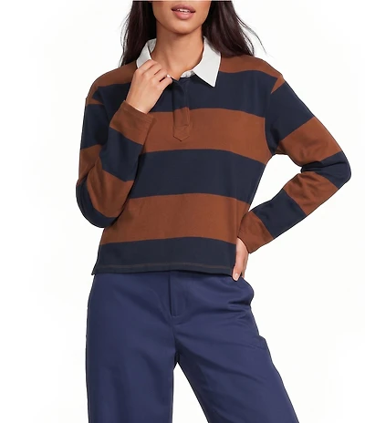 Sugarlips Chocolate Cropped Rugby Stripe Collared Long Sleeve Polo Shirt