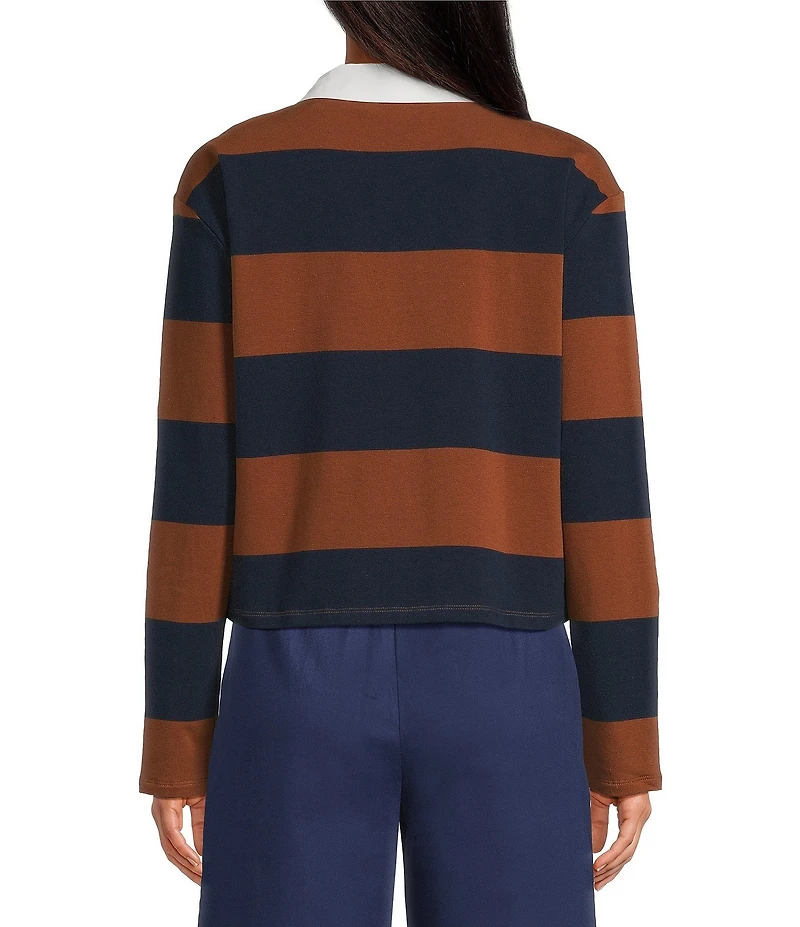 Sugarlips Chocolate Cropped Rugby Stripe Collared Long Sleeve Polo Shirt