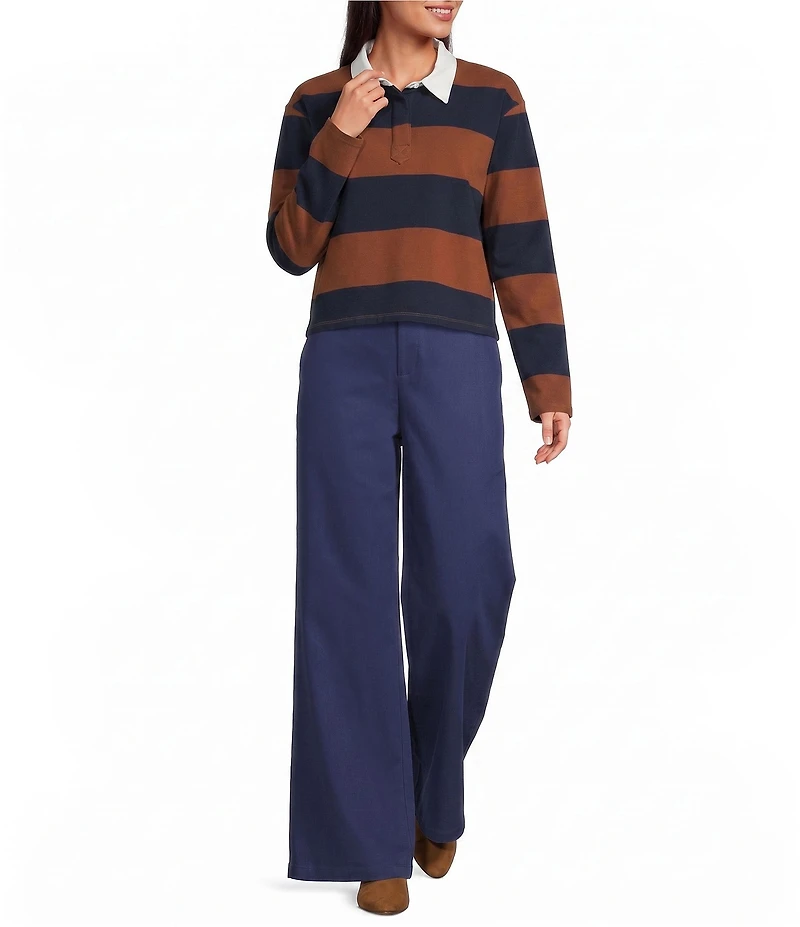 Sugarlips Chocolate Cropped Rugby Stripe Collared Long Sleeve Polo Shirt