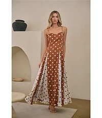 Sugarlips Chocolate Mixed Dot Sweetheart Neck Sleeveless Cami Godet Satin Maxi Dress
