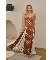 Sugarlips Chocolate Mixed Dot Sweetheart Neck Sleeveless Cami Godet Satin Maxi Dress