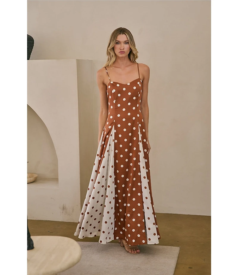 Sugarlips Chocolate Mixed Dot Sweetheart Neck Sleeveless Cami Godet Satin Maxi Dress