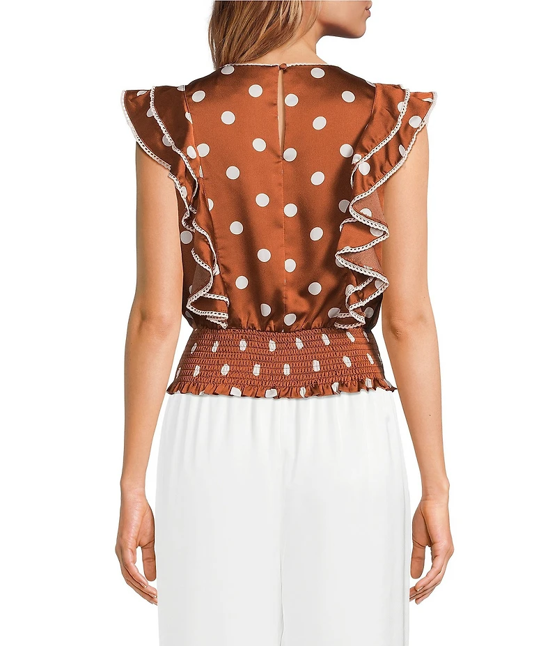 Sugarlips Chocolate Polka Dot Crew Neck Sleeveless Ruffle Shoulder Satin Top