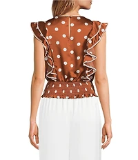 Sugarlips Chocolate Polka Dot Crew Neck Sleeveless Ruffle Shoulder Satin Top