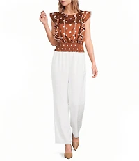 Sugarlips Chocolate Polka Dot Crew Neck Sleeveless Ruffle Shoulder Satin Top