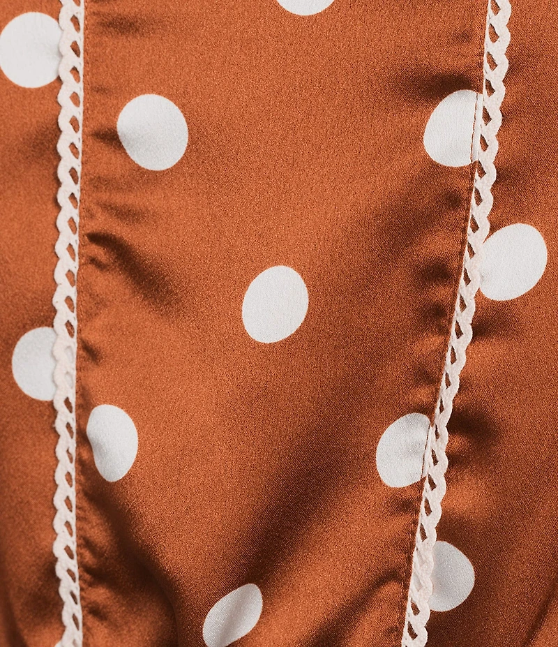 Sugarlips Chocolate Polka Dot Crew Neck Sleeveless Ruffle Shoulder Satin Top