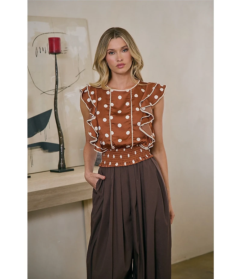 Sugarlips Chocolate Polka Dot Crew Neck Sleeveless Ruffle Shoulder Satin Top