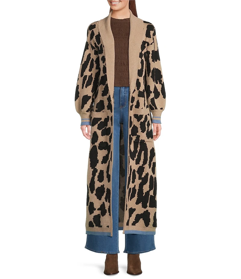 Sugarlips City Girl Leopard Print Shawl Neck Patch Pocket Open Front Duster Cardigan
