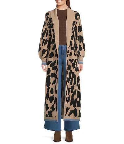 Sugarlips City Girl Leopard Print Shawl Neck Patch Pocket Open Front Duster Cardigan