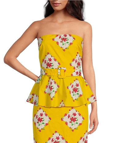 Sugarlips Coordinating Floral Print Strapless Sleeveless Belted Peplum Top