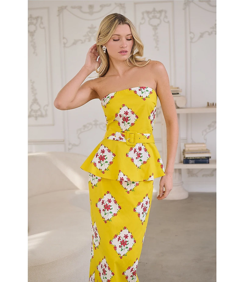 Sugarlips Coordinating Floral Print Strapless Sleeveless Belted Peplum Top