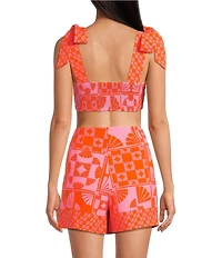 Sugarlips Coordinating Haines Town Printed Square Neck Sleeveless Ruched Tie Straps Top