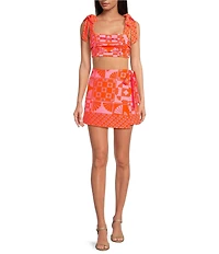 Sugarlips Coordinating Haines Town Printed Square Neck Sleeveless Ruched Tie Straps Top