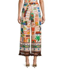 Sugarlips Coordinating Postcard Print High Waisted Wide-Leg Tassel Hem Pants