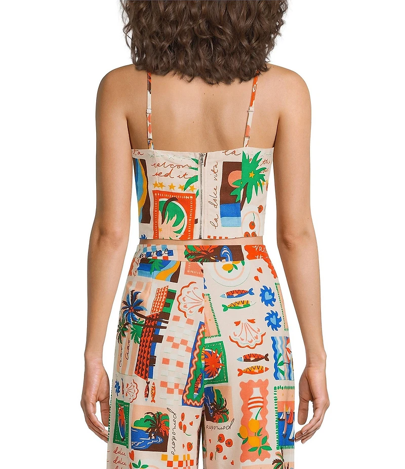 Sugarlips Coordinating Postcard Print Linen Blend Square Neck Sleeveless Top