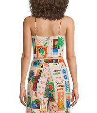 Sugarlips Coordinating Postcard Print Linen Blend Square Neck Sleeveless Top