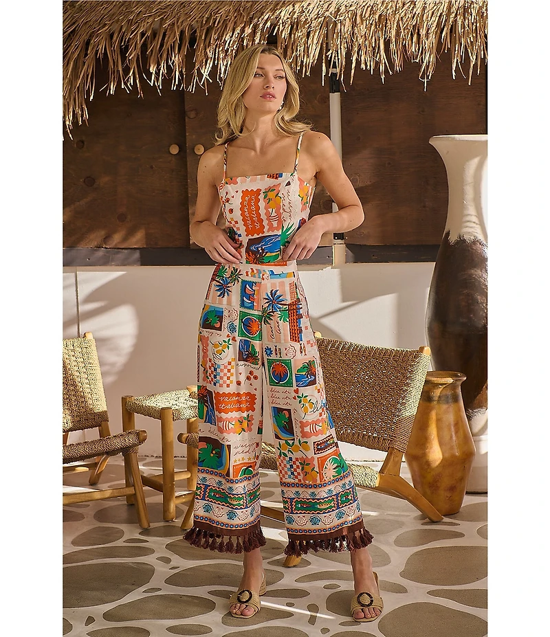 Sugarlips Coordinating Postcard Print Linen Blend Square Neck Sleeveless Top