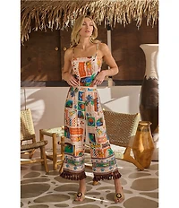 Sugarlips Coordinating Postcard Print Linen Blend Square Neck Sleeveless Top