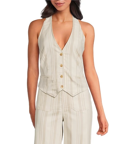 Sugarlips Coordinating Stripe Printed Halter V Neck Sleeveless Button Front Vest Top