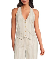 Sugarlips Coordinating Stripe Printed Halter V Neck Sleeveless Button Front Vest Top