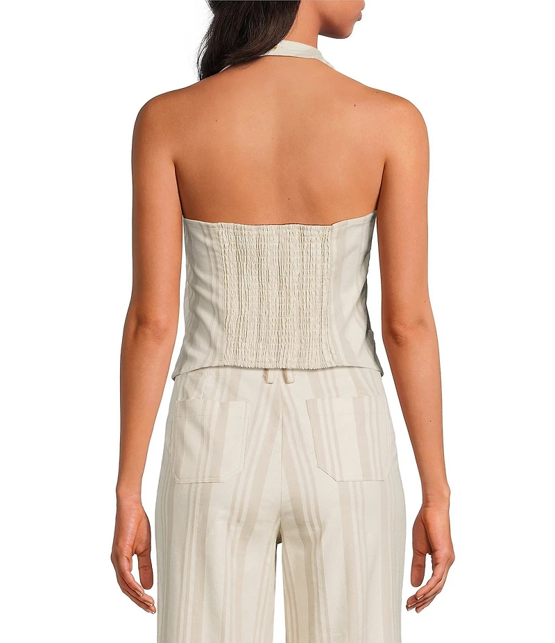 Sugarlips Coordinating Stripe Printed Halter V Neck Sleeveless Button Front Vest Top