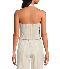 Sugarlips Coordinating Stripe Printed Halter V Neck Sleeveless Button Front Vest Top