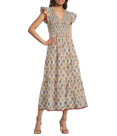 Sugarlips Country Floral Print V-Neck Sleeveless Poplin Midi Dress