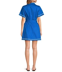 Sugarlips Dalphy Sardine Embroidered Point Collar Short Sleeve Button Down Mini Dress