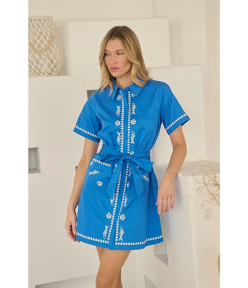 Sugarlips Dalphy Sardine Embroidered Point Collar Short Sleeve Button Down Mini Dress
