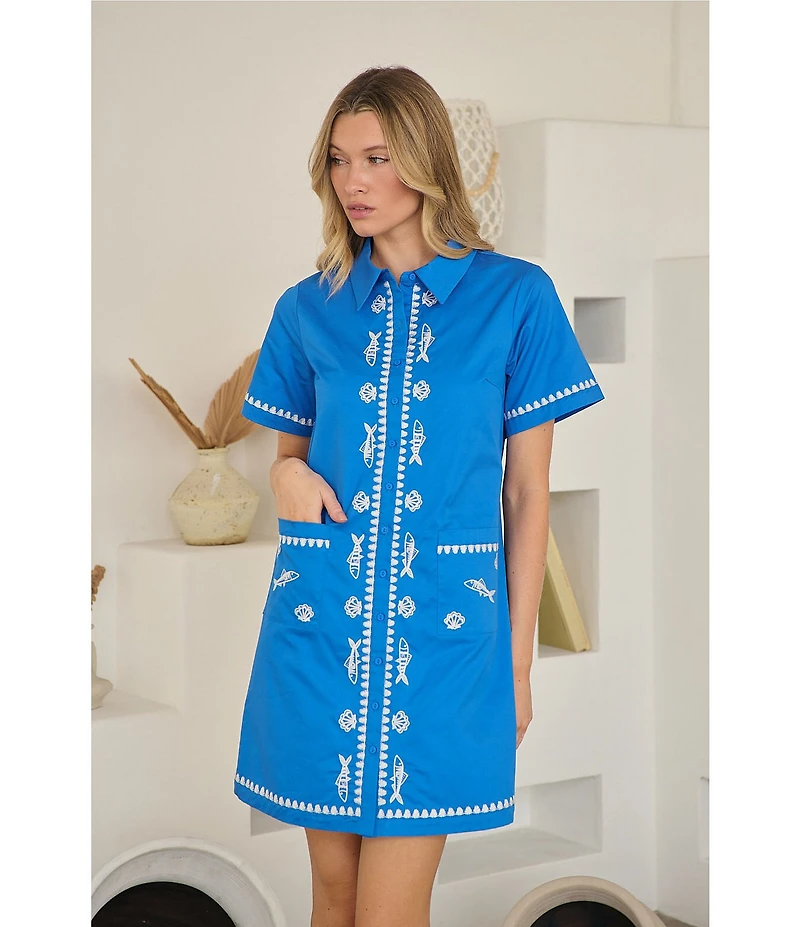Sugarlips Dalphy Sardine Embroidered Point Collar Short Sleeve Button Down Mini Dress