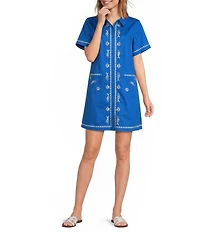 Sugarlips Dalphy Sardine Embroidered Point Collar Short Sleeve Button Down Mini Dress