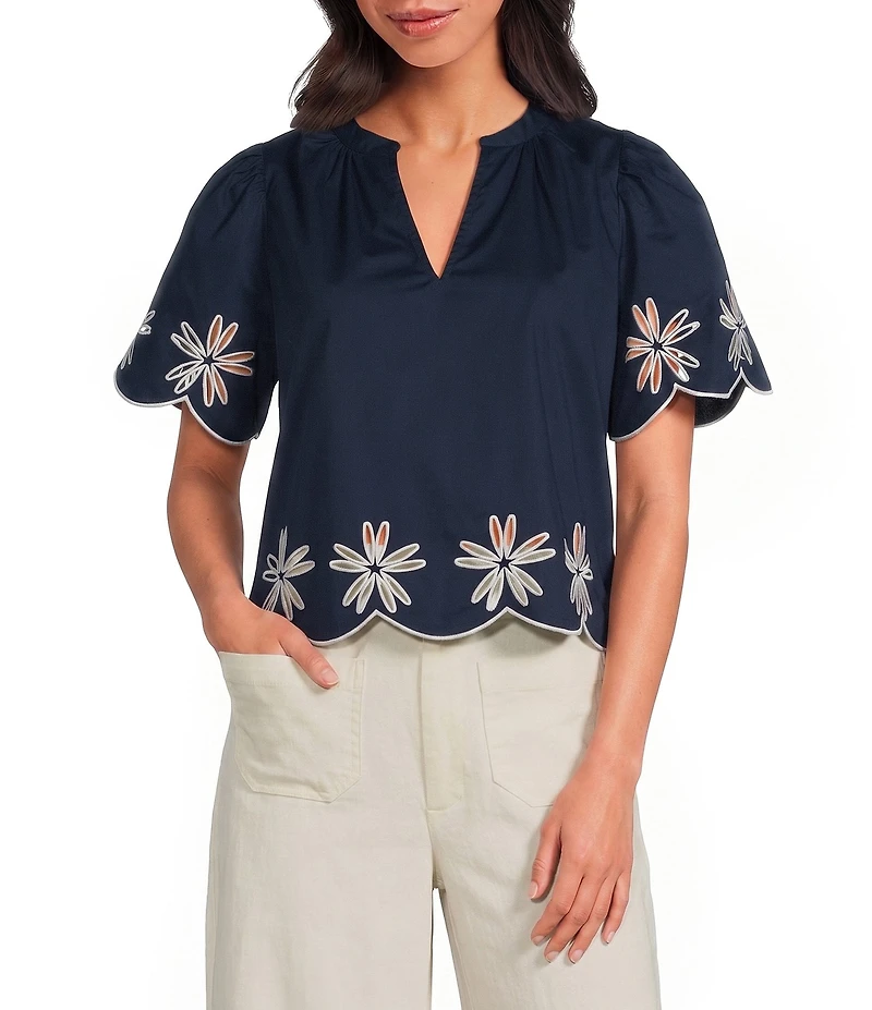 Sugarlips Dayna Embroidered Split Neck Short Sleeve Scallop Edge Top