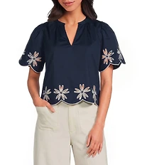 Sugarlips Dayna Embroidered Split Neck Short Sleeve Scallop Edge Top