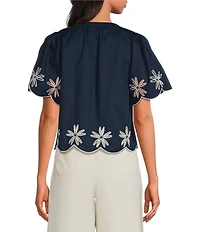 Sugarlips Dayna Embroidered Split Neck Short Sleeve Scallop Edge Top