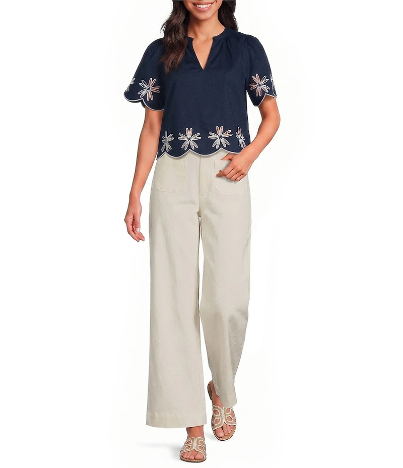 Sugarlips Dayna Embroidered Split Neck Short Sleeve Scallop Edge Top