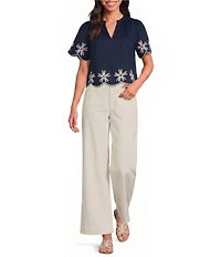 Sugarlips Dayna Embroidered Split Neck Short Sleeve Scallop Edge Top