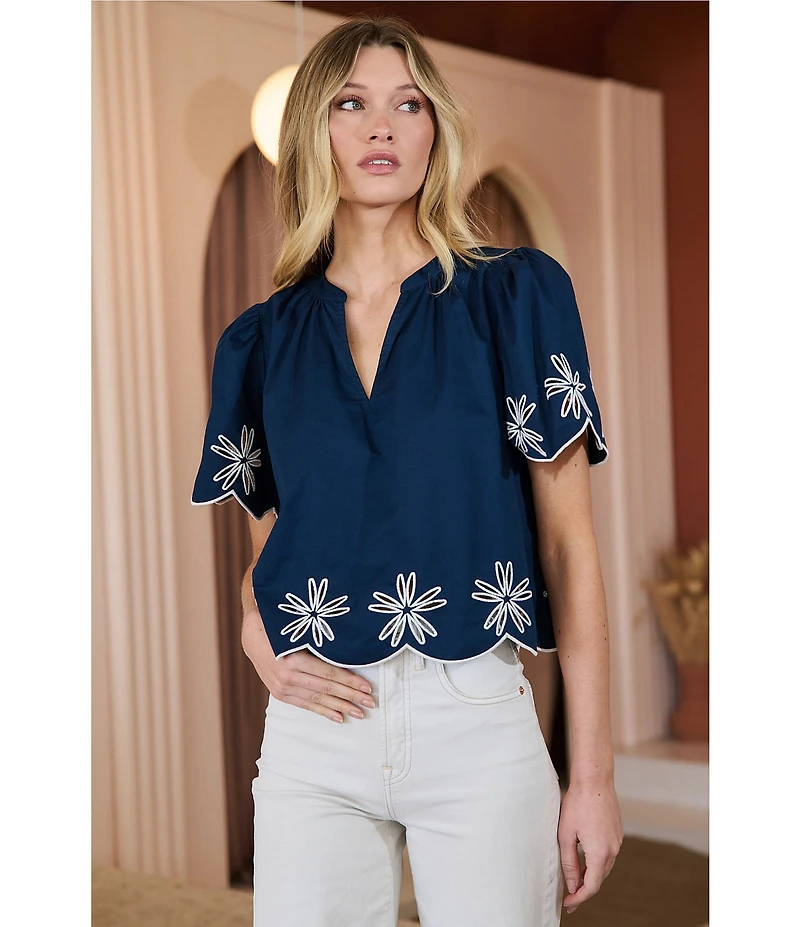 Sugarlips Dayna Embroidered Split Neck Short Sleeve Scallop Edge Top